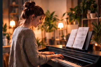 Person spielt E-Piano zu Hause